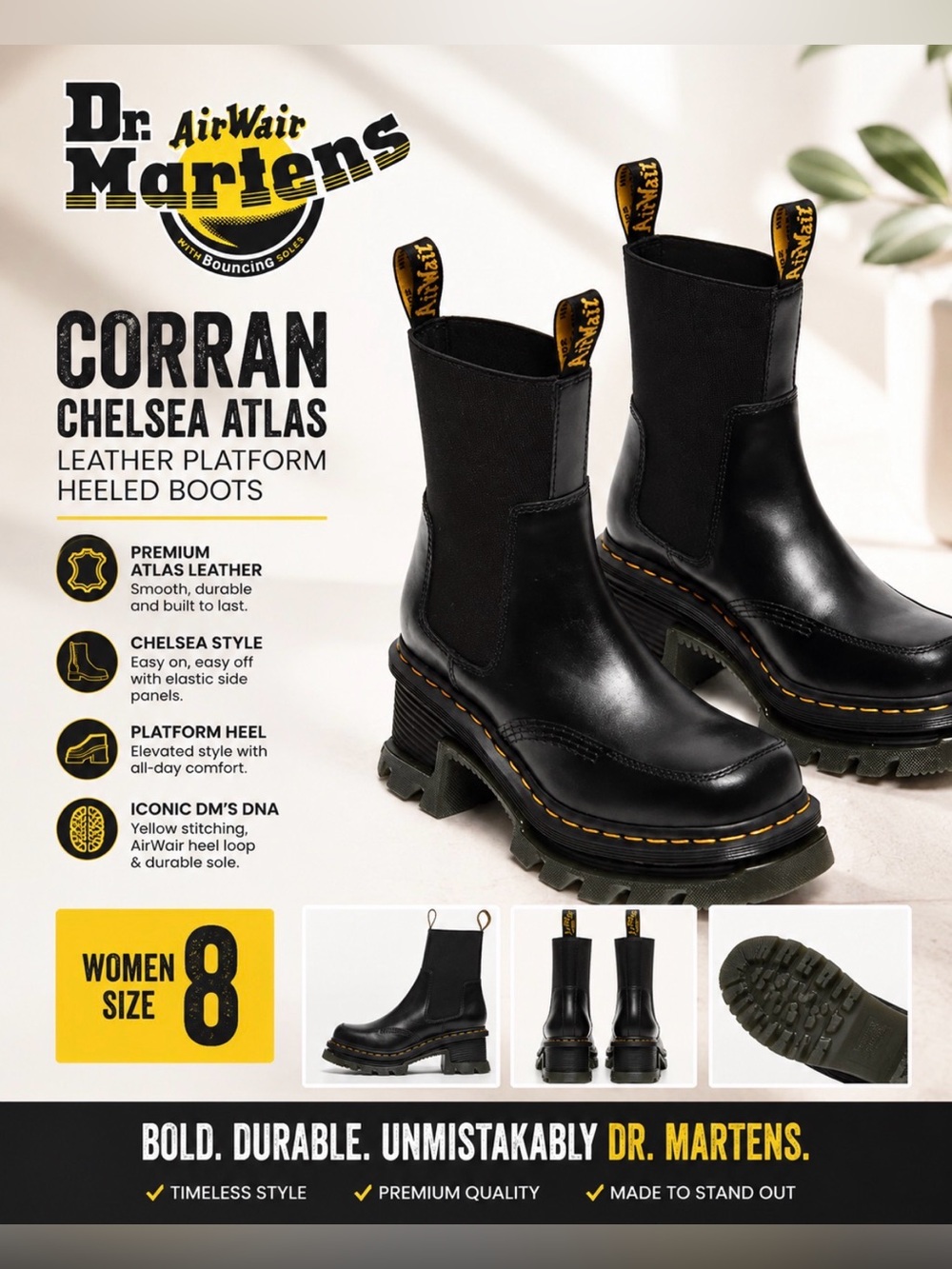 Dr. Martens Corran Chelsea Atlas Leather Platform Heeled Boots,  Women Size 8